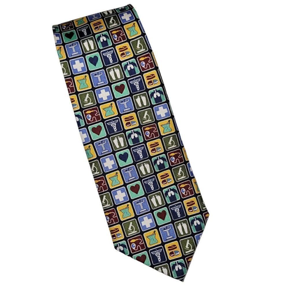 Wild Ties Mens Neck Tie Medical Symbols Instruments 100% Silk Multicolor 60" GUC